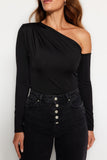 Black Asymmetric Collar Long Sleeve Stretch Snap Knitted Body