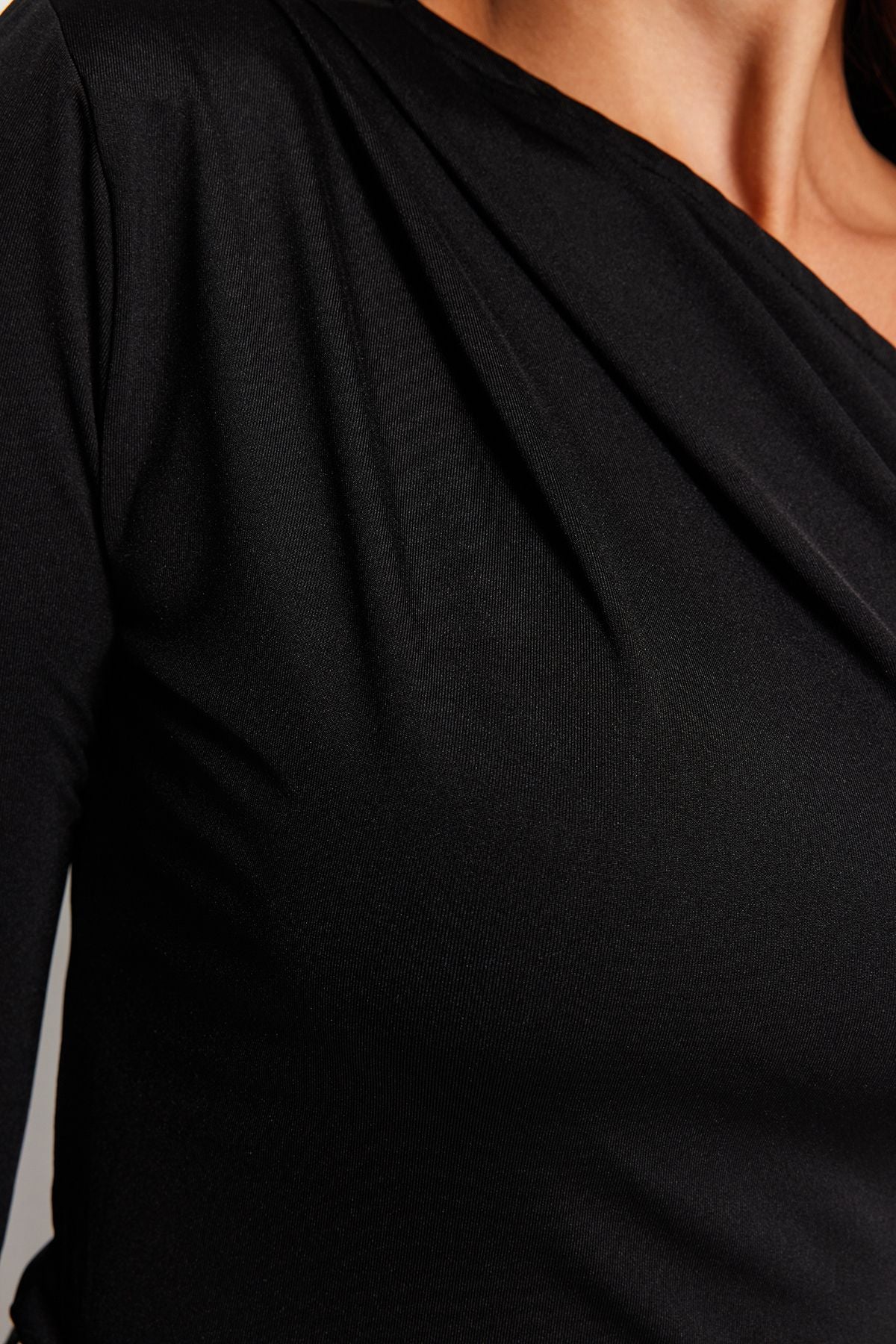 Black Asymmetric Collar Long Sleeve Stretch Snap Knitted Body - All About Eg