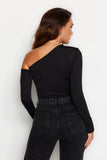 Black Asymmetric Collar Long Sleeve Stretch Snap Knitted Body