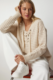 Woman's Cream Collar Lace-up Scrolled Sweatshirt