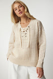 Woman's Cream Collar Lace-up Scrolled Sweatshirt