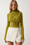 Woman's Oil Green Gather Detailed High Collar Sandy Blouse