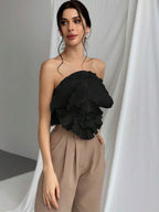 Women's Black 3D Floral Pleated Strapless Top