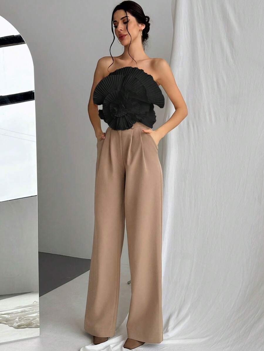 Women's Black 3D Floral Pleated Strapless Top
