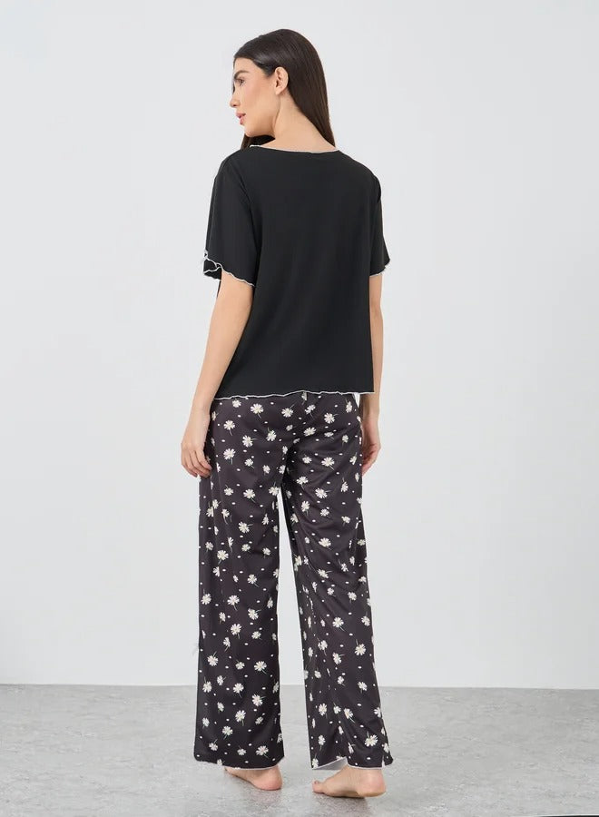 Button Front Short Sleeve Top and Pyjama Set