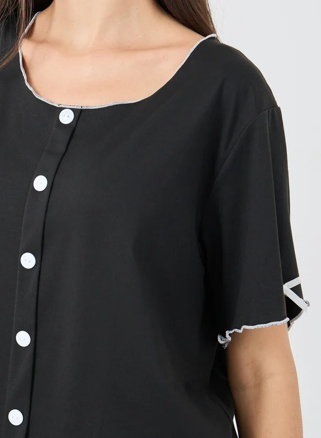 Button Front Short Sleeve Top and Pyjama Set