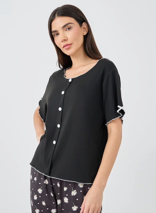 Button Front Short Sleeve Top and Pyjama Set