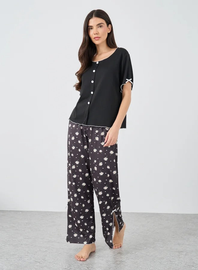 Button Front Short Sleeve Top and Pyjama Set