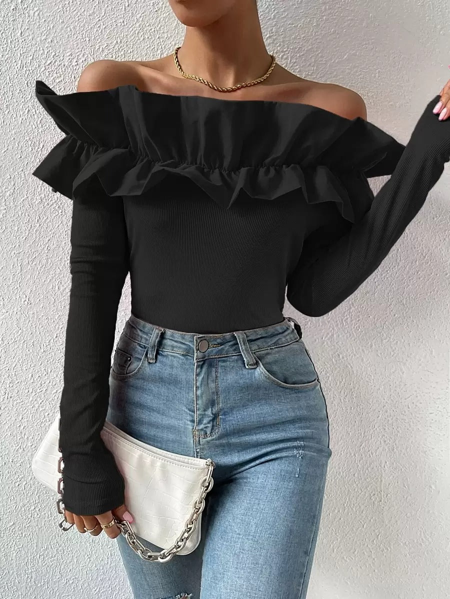 Ruffle Off-Shoulder T-Shirt