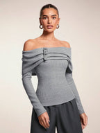 One-Shoulder Knit Top with Leather Trim – Grey