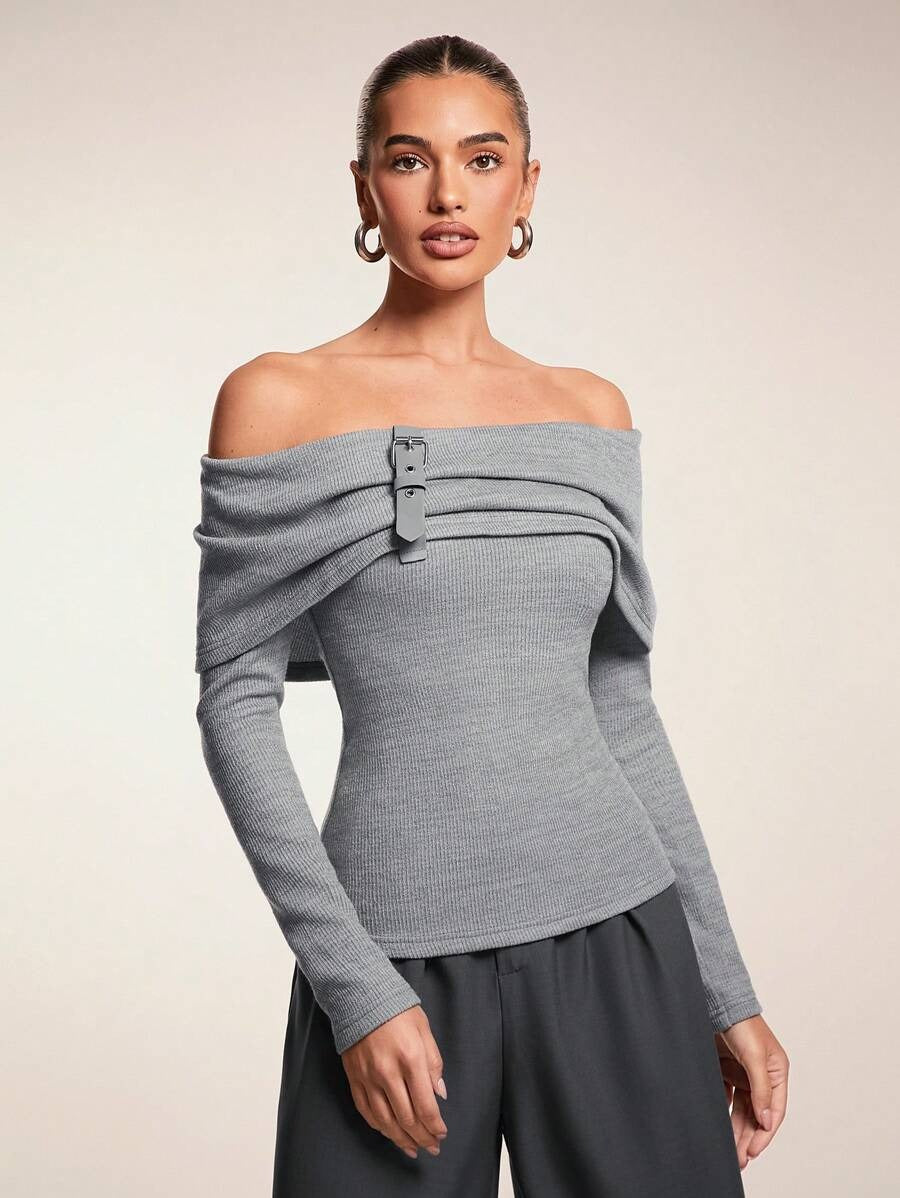 One-Shoulder Knit Top with Leather Trim – Grey
