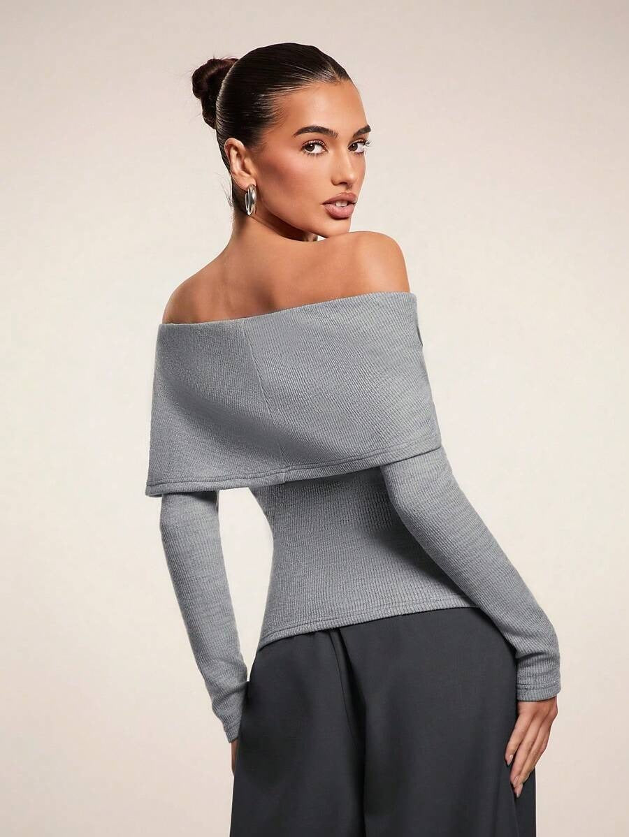 One-Shoulder Knit Top with Leather Trim – Grey