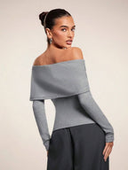 One-Shoulder Knit Top with Leather Trim – Grey