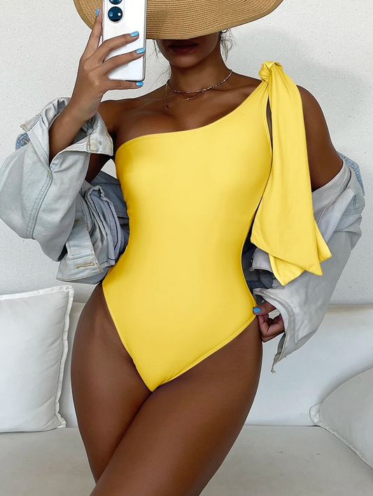 2pack Plain One Shoulder One Piece Swimsuit & Belt - All About Eg