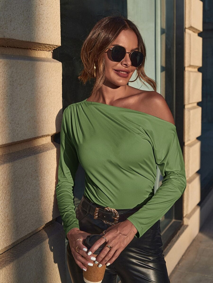 T-shirt with asymmetrical pleated collar