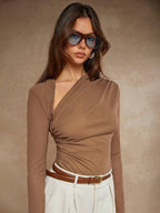 T-shirt with asymmetrical pleated collar