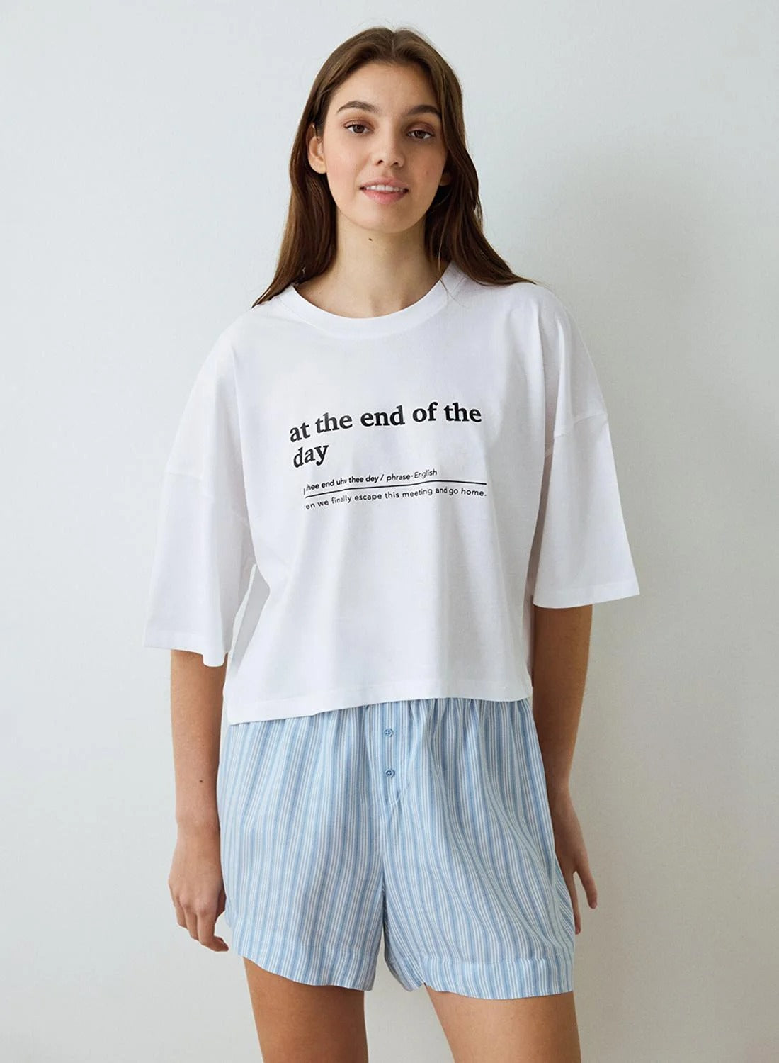 White Crew Neck Typographic Crop T-Shirt Pajama Top