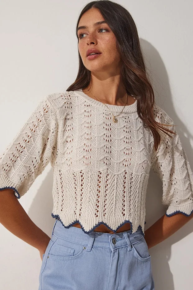 Women's Cream Blue Striped Lace Knit Blouse