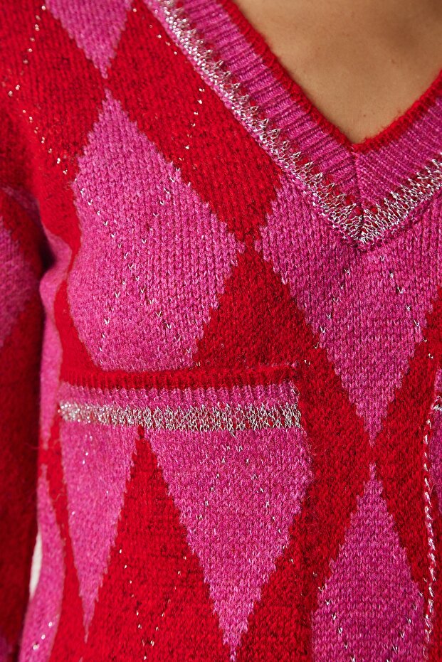 Women's Fuchsia Red Plaid Knit Sweater with Pockets
