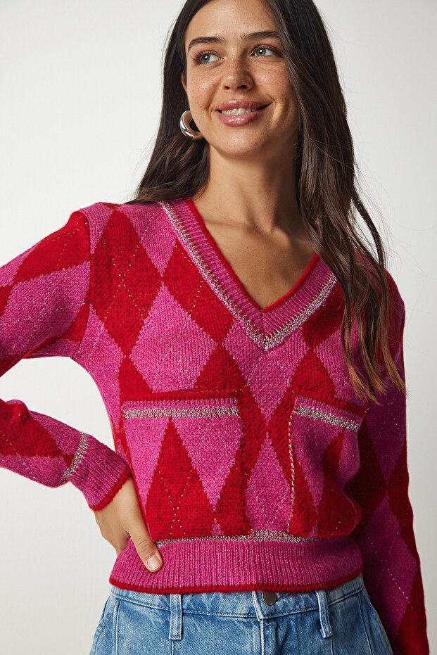 Women's Fuchsia Red Plaid Knit Sweater with Pockets