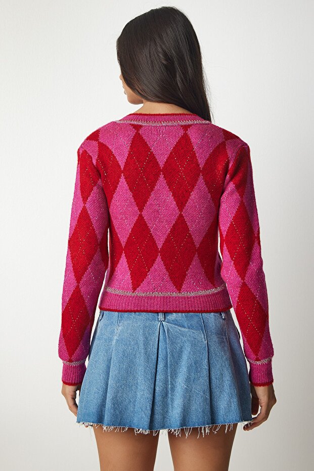 Women's Fuchsia Red Plaid Knit Sweater with Pockets