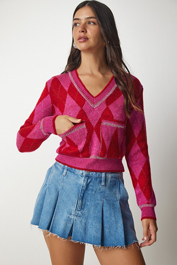 Women's Fuchsia Red Plaid Knit Sweater with Pockets
