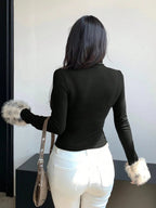 Women's Long Sleeve High Neck Tiger Print Patchwork Fleece T-Shirt, Autumn Women's Clothing