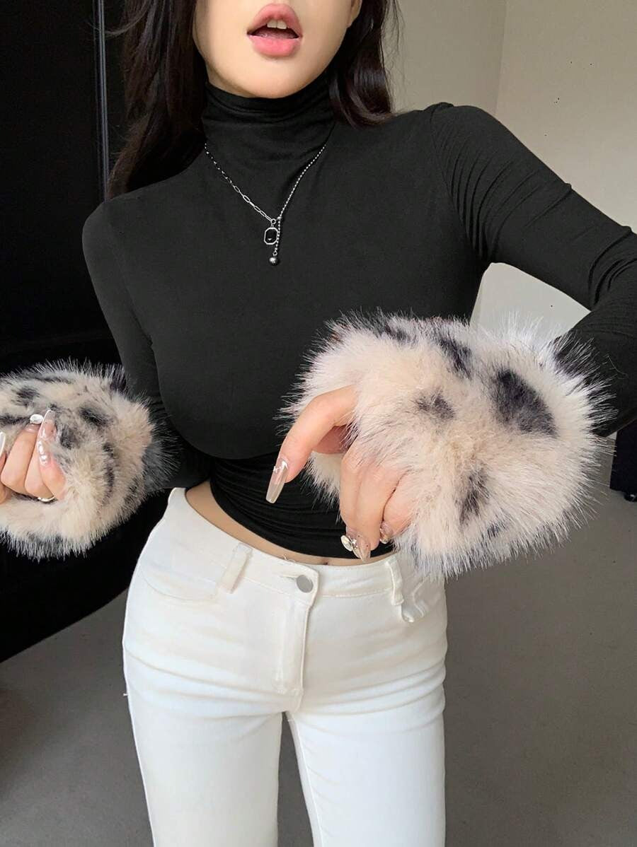 Women's Long Sleeve High Neck Tiger Print Patchwork Fleece T-Shirt, Autumn Women's Clothing