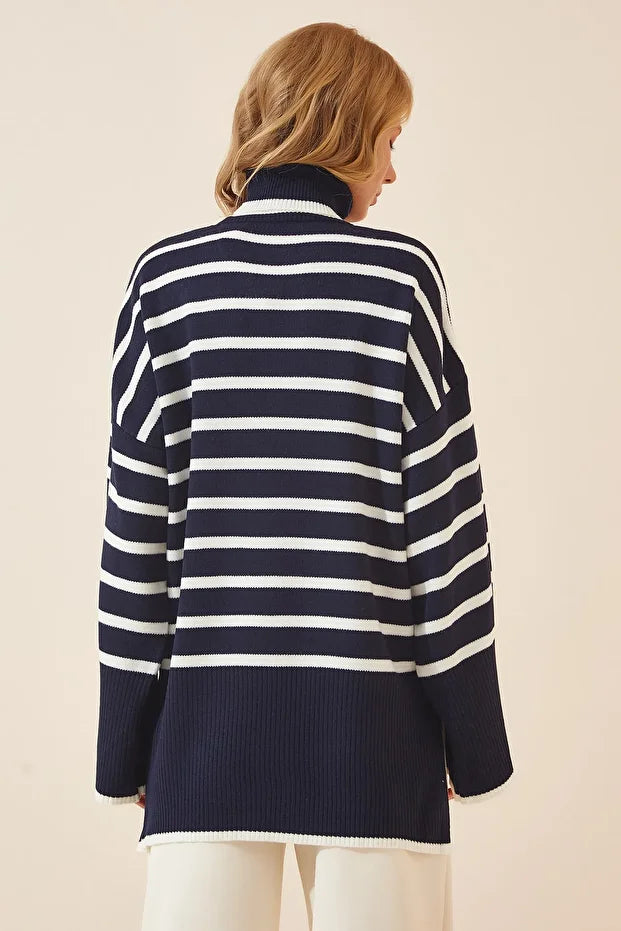 Women's Oversized Striped Dark Blue and White Knit Sweater