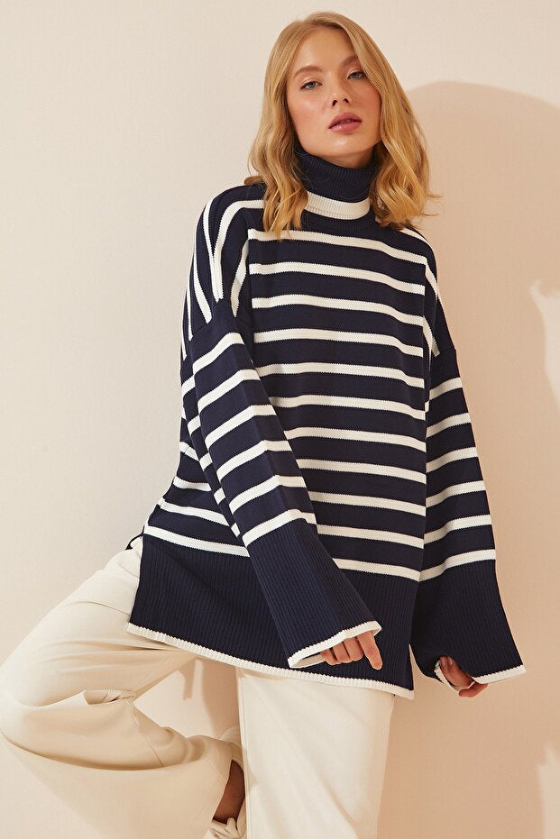 Women's Oversized Striped Dark Blue and White Knit Sweater