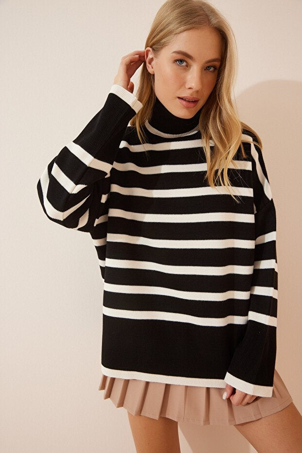 Women's Oversized Striped Dark Blue and White Knit Sweater