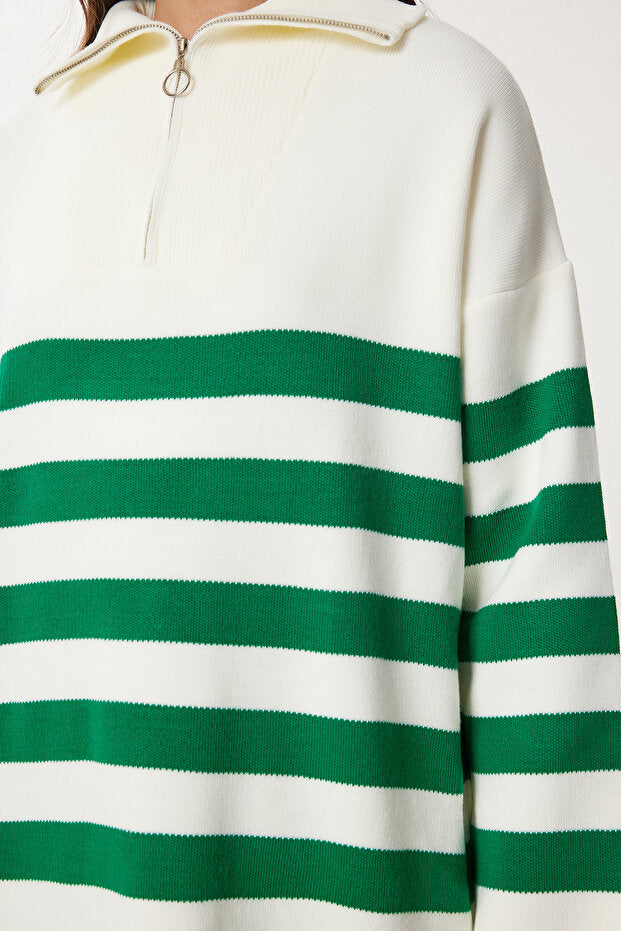 Women's Oversized Striped Knit Sweater in Green and White with Zipper and Stand Collar