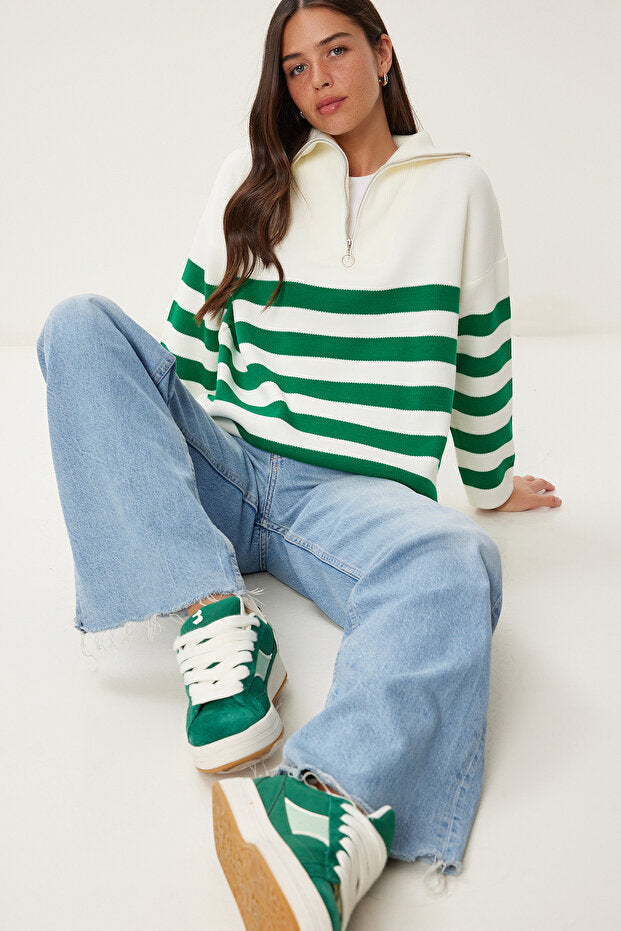 Women's Oversized Striped Knit Sweater in Green and White with Zipper and Stand Collar