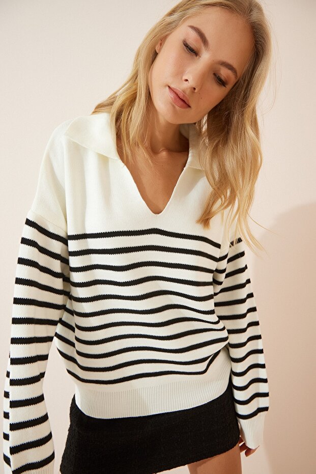 Women's Seasonal Striped Knitted Sweater with Black Bone-Shaped Polo Collar