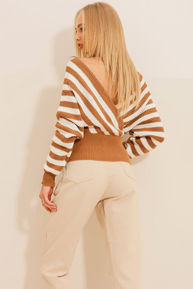 Women's Striped Double-Breasted Caramel Jacket