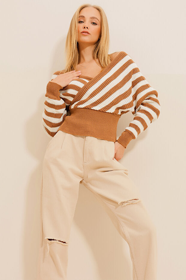 Women's Striped Double-Breasted Caramel Jacket