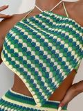 Striped Pattern Bandana Hem Tie Backless Halter Cover Up Top & Bodycon Skirt