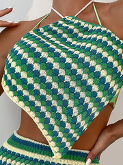 Striped Pattern Bandana Hem Tie Backless Halter Cover Up Top & Bodycon Skirt - All About Eg