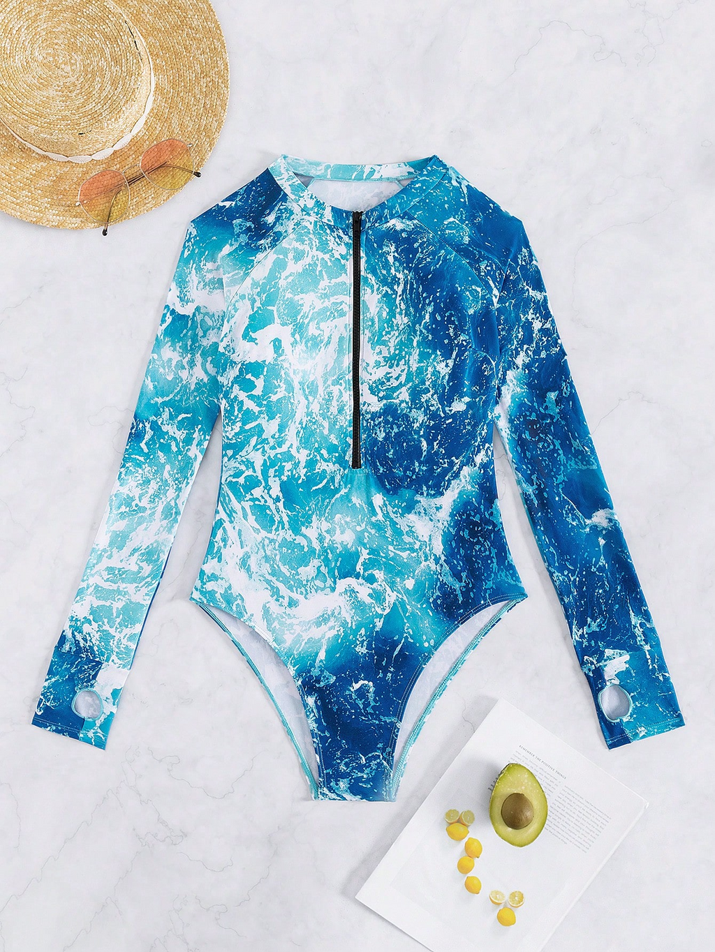 Women's Printed Half Zipper Long Sleeve One-Piece Swimsuit, Random Print - All About Eg