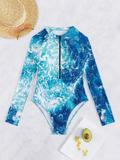 Women's Printed Half Zipper Long Sleeve One-Piece Swimsuit, Random Print