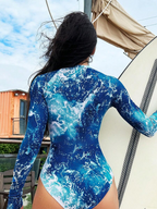 Women's Printed Half Zipper Long Sleeve One-Piece Swimsuit, Random Print - All About Eg