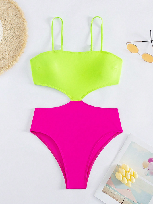New Contrast Color High-End Vacation Style Hollow Out One-Piece Cami Swimsuit For Women - All About Eg