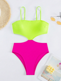 New Contrast Color High-End Vacation Style Hollow Out One-Piece Cami Swimsuit For Women