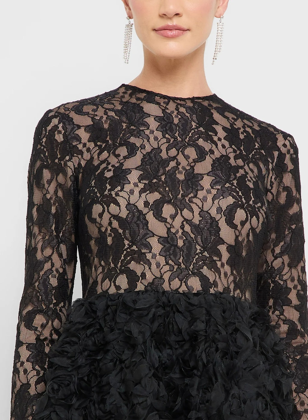 Lace Bodycon Drop Waist Dress With Tulle Hem