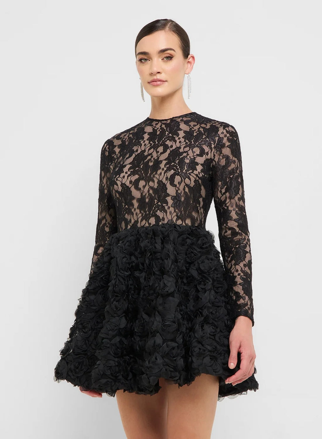 Lace Bodycon Drop Waist Dress With Tulle Hem