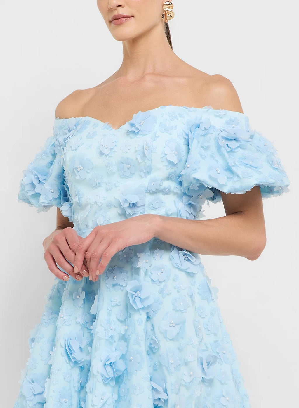 Puff Sleeves 3d Floral Applique Dress
