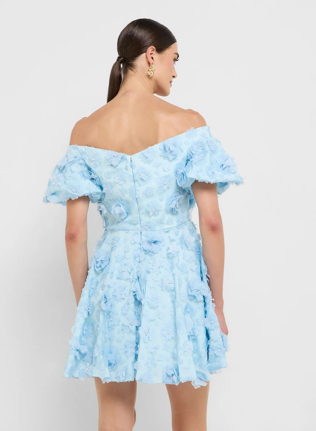 Puff Sleeves 3d Floral Applique Dress