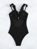 Ruffle Trim Contrast Mesh One Piece Swimsuit