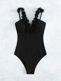 Ruffle Trim Contrast Mesh One Piece Swimsuit