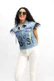 jeans jacket feather vest on the shoulder - All About Eg